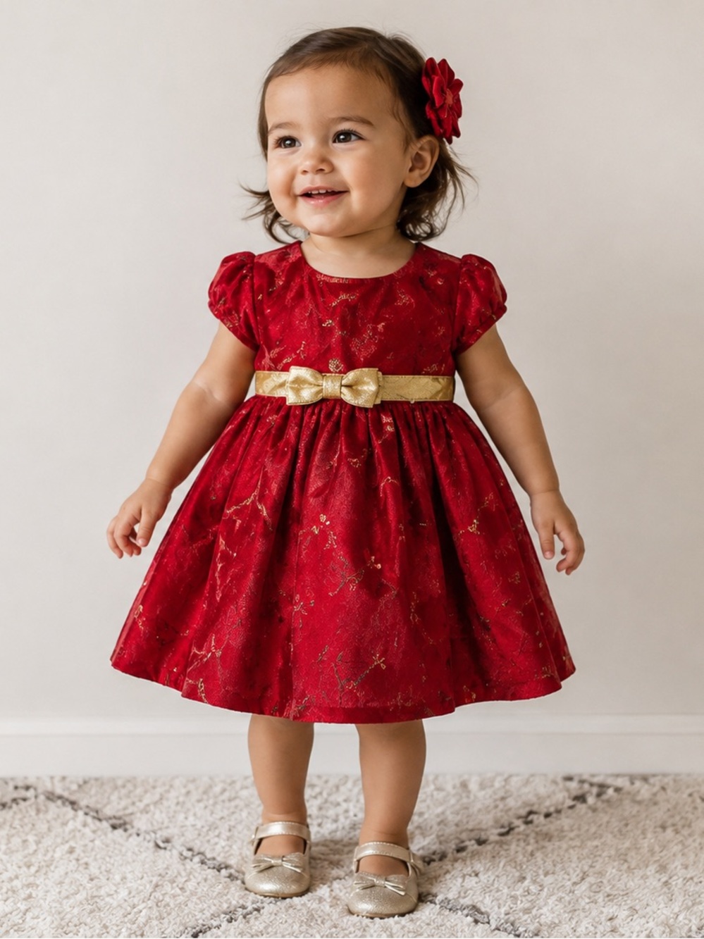 George Baby Girls 24M Red Christmas Holiday Dress Gold Bow Festive
